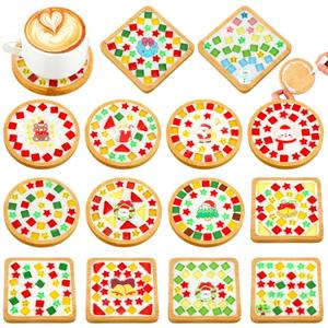 Reallnaive 14 Sets Valentines DIY Mosaic Tiles for Crafts Mixed Color Glass Mosaic Kits Xmas DIY Coasters Kit Make Your Own Stained Glass Coaster for Handmade Holiday Decoration Gift (Stylish Style)