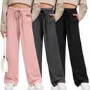 3 Pack Girls' Sweatpants Wide Leg Drawstring Casual Kids Joggers Open Bottom Loose Solid Teen Pants with Pockets (Small, Light Pink, Dark Gray, Black)