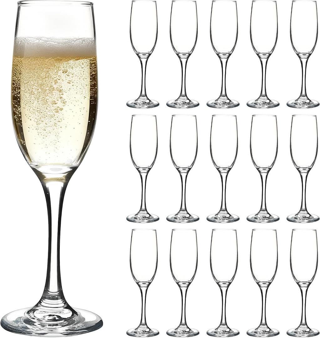 6Oz Champagne Glasses Set of 16 Tall Classic Champagne Flutes with Long Stem, Dishwasher Safe, Sparkling Wine Glasses for Wedding, Restaurant, Bar, Toasting, New Year's Eve, 185ML