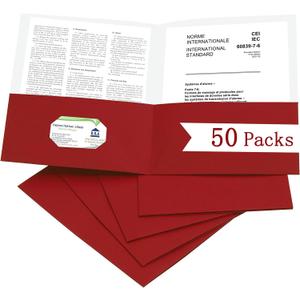 Zzrywuty 50 Packs Paper Folders with Pockets for Students,Businessmen and Office Workers,Letter Size,Two Pocket Folders with Card Slot for Office,Business, School Supplies (Red)