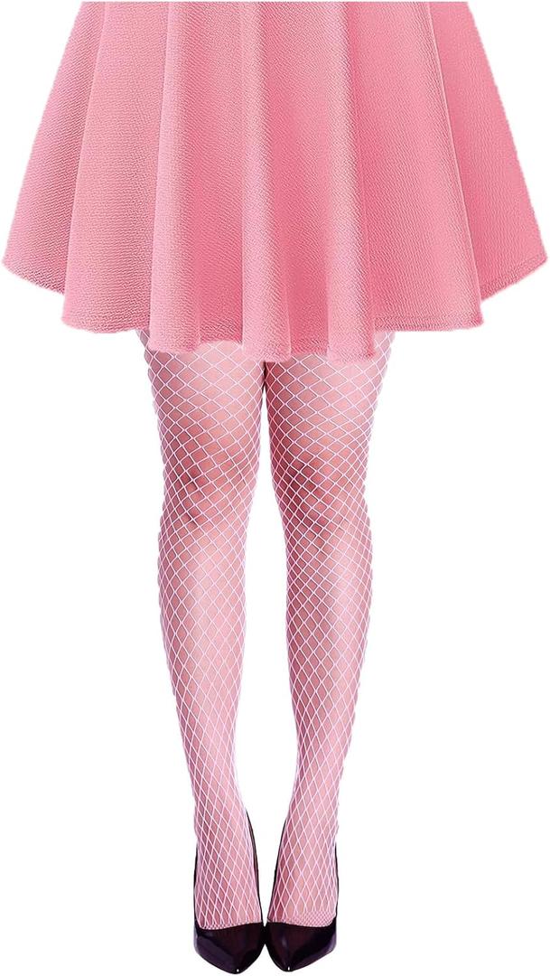 Women High Waisted Fishnet Tights Footed Stockings Plus Size Stretchy Pantyhose (Pink, L)