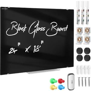 24" x 18" Magnetic Black Tempered Glass Whiteboard, Frameless Wall Mounted Dry Erase Board, No Ghosting, with Markers & Magnets for Office, Kitchen & Classroom