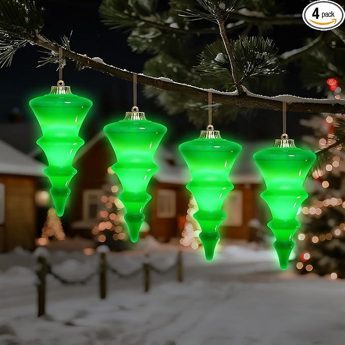 Lanpn 4 Pcs 5" Outdoor LED Ornament, Large Christmas Battery Powered Ball Lights, Xmas Tree Sphere Bulb Decor with Dark Sensor, Christmas Lighted Ornaments for Lawn Garden Yard Patio, Green