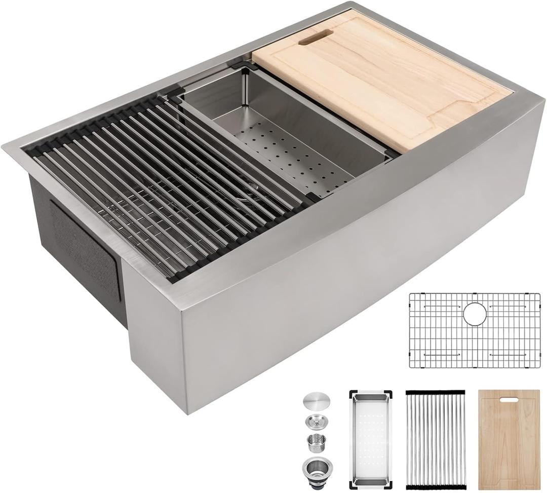 Kichae 33 Farmhouse Sink Stainless Steel - 33 Inch Kitchen Sink Apron Front Ledge Workstation 16 Gauge Stainless Steel Single Bowl Handmade Farm Style Kitchen Sinks