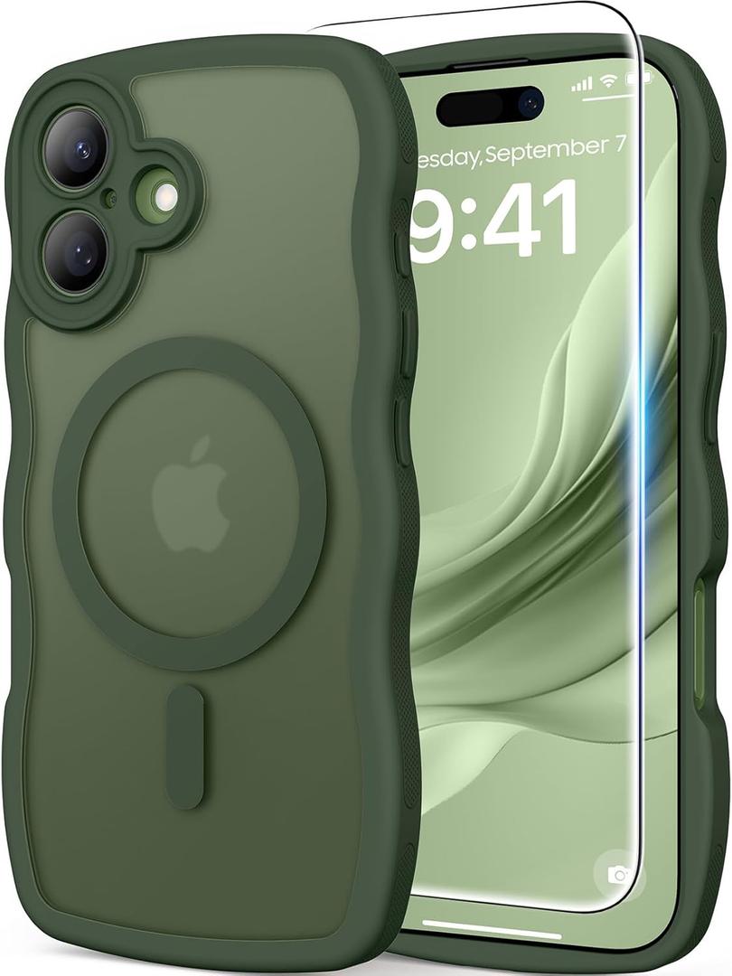 3 in 1 Magnetic for iPhone 17 Case, Cute Wavy [Full Camera Protection] [Fit for MagSafe] 1X Screen Protector+1X Wrist Strap, Anti-Slip Trendy Women Girly Phone Case for iPhone 17 6.3", Deep Green
