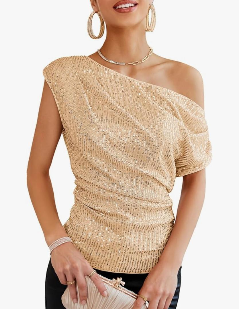 GRACE KARIN One Shoulder Sequin Sparkly Tops for Women Ruched Asymmetrical Glitter Tops Slimming Sparkle Party Shirts, L