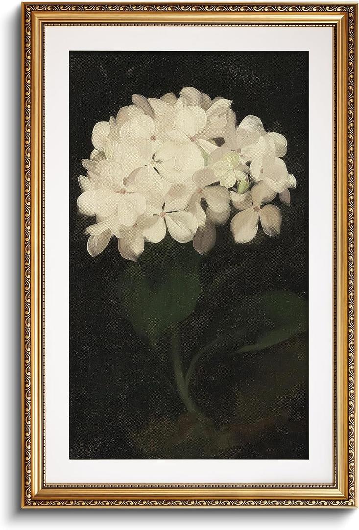 VIYYIEA Gold Framed Large Wall Art Canvas Print Home Decor Vintage Hydrangea Flower Art Room Aesthetic White Hydrangea Oil Painting Prints Bedroom Bathroom Wall Decor Kitchen Office Floral Artwork 24x36in