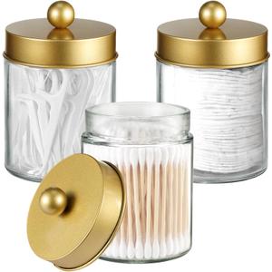 3PC Farmhouse Decor Qtip Holder Apothecary Jars Bathroom Vanity Storage Organizer -Countertop Canister Container &Cute Stickers for Cotton Swab,Ball,Pad,Floss,Paper Clips (Gold)