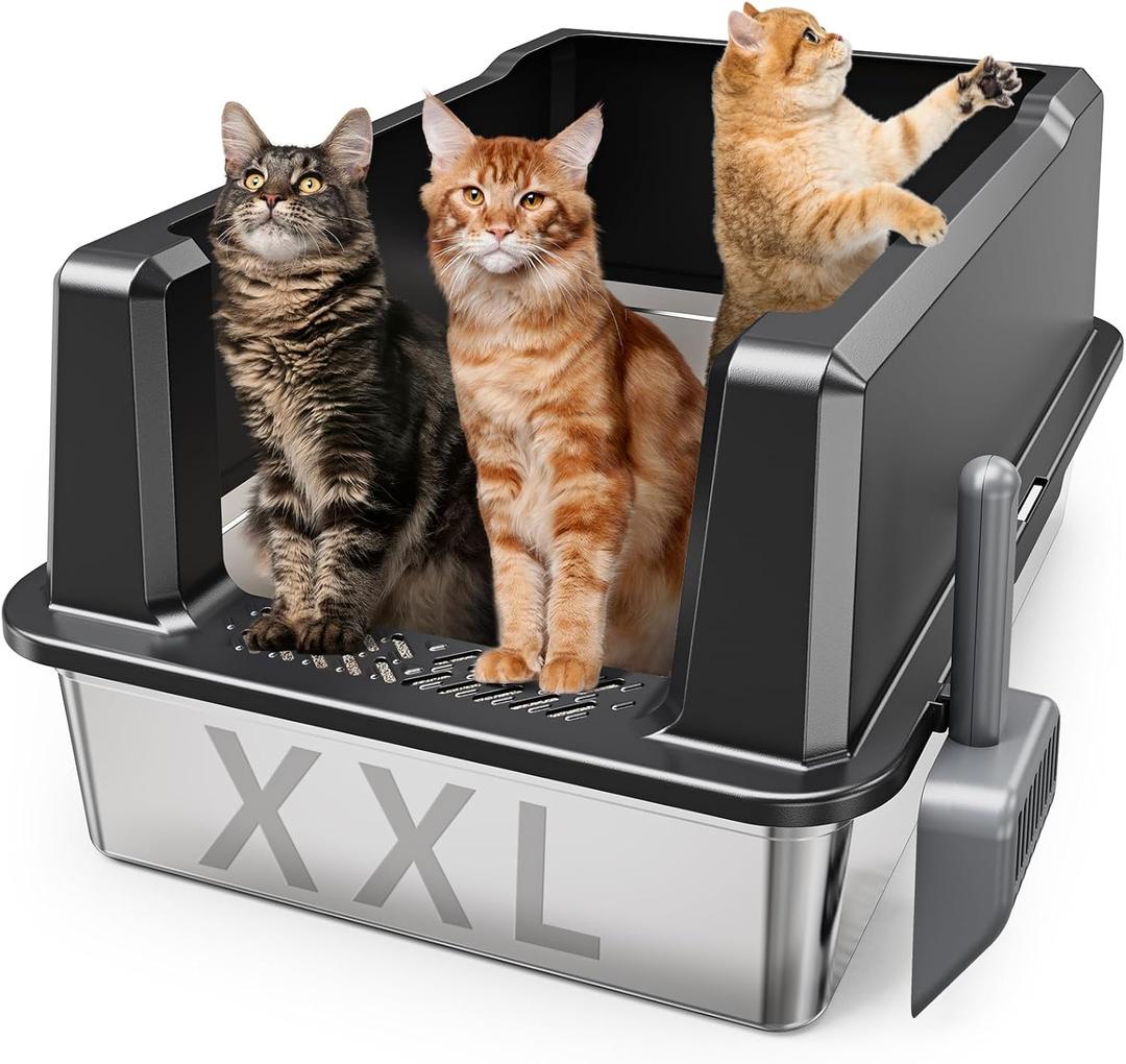 XXL Stainless Steel Cat Litter Box with High Sided, 27.6" L x 20" W x 14" H Extra Large Litter Box for Big Cats and Multiple Cats, Enclosure Cat Litter Pan with Anti-Urine Leakage, Easy Clean (Black)