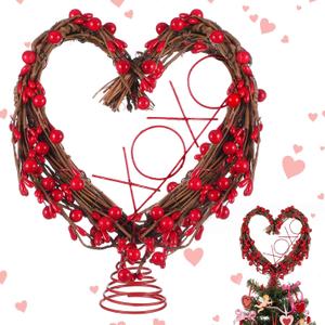 Gejoy Valentine Tree Topper XOXO Velvet Heart Tree Topper Rustic Valentines Treetop Red Heart Decorations Love Ornaments with Light String for Wedding Holiday Party Door Home Decor(Rattan)
