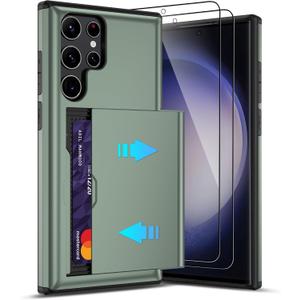Pilaru for Samsung Galaxy S23 Ultra Case with Card Holder and (2 Pcs) HD Screen Protector, Slim Heavy Duty Dual Layer Shockproof Design & Hidden Card Slot Wallet Case for S23 Ultra 5G-Green