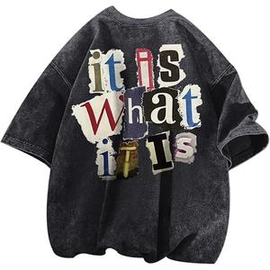 Men's Graphic Tees Funny Letter Print Vintage Oversize T Shirts Acid Wash Shirt Streetwear Rapper Casual Tee Top XL
