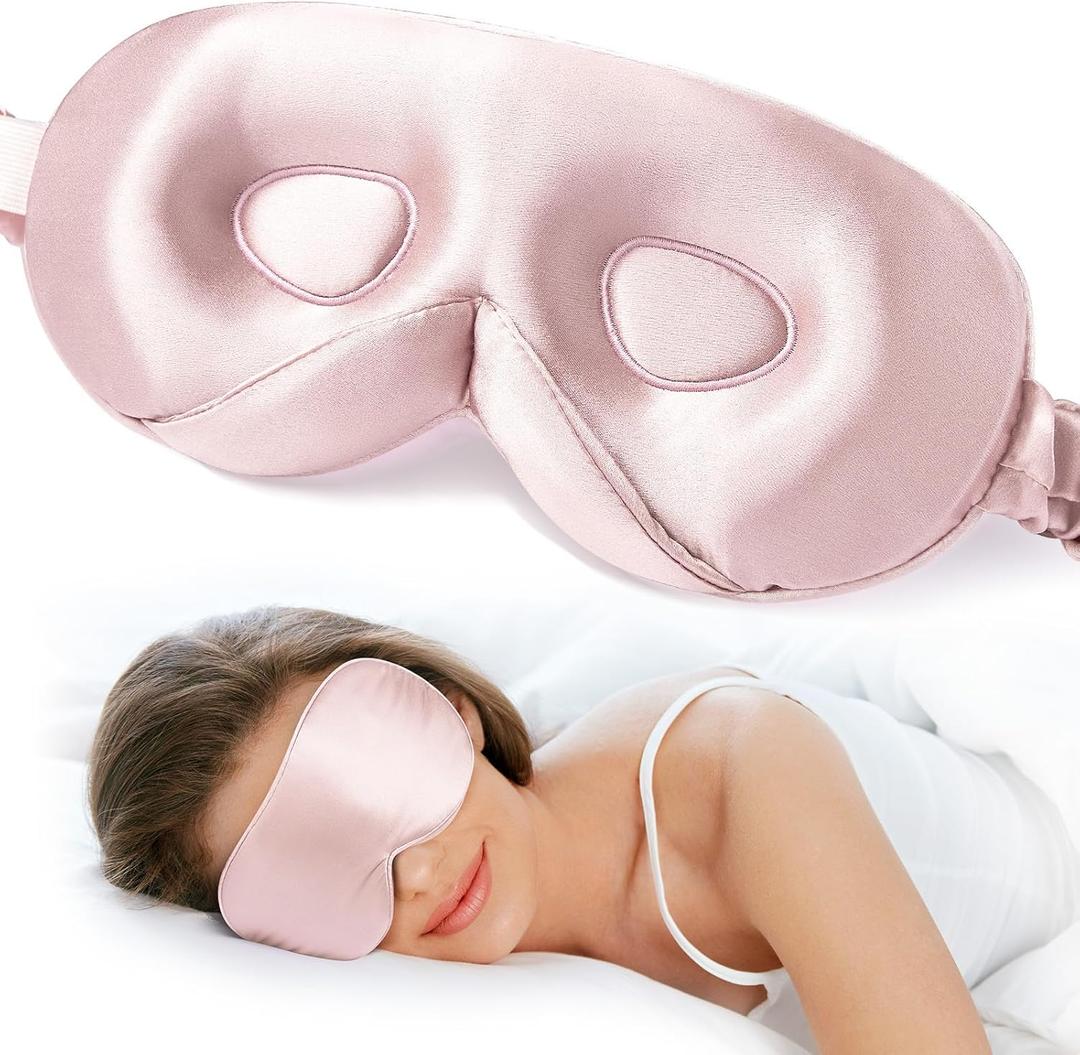 LitBear 100% 22 Momme Mulberry Silk Sleep Mask - 3D Contoured Eye Mask for Men Women, Soft Breathable Sleeping Mask with Adjustable Strap, Perfect Blocks Light for Sleeping (Pale Pink)