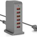 VPSUN USB Charger 6 Port 50W Multi USB Tower Charging Station for Multiple Devices iPhone 15/14/14 Pro/14 Pro Max/13 Pro/13 Pro Max/Android/Samsung/Tablet,etc (Gray, 50W)