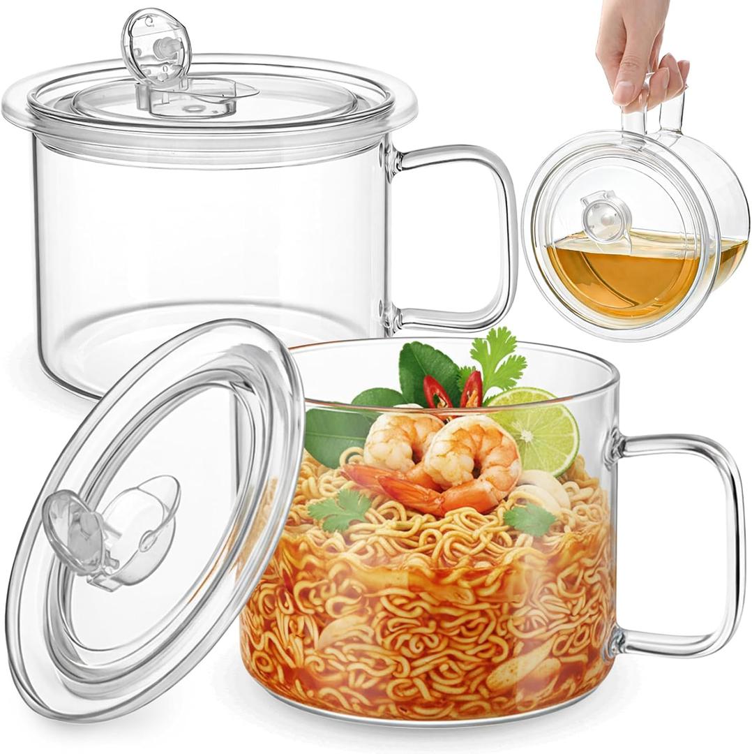 Eorbow 2 Pack 45 FL OZ Glass Ramen Bowls, Microwavable Soup Bowl with Handle, Leak-proof French Onion Soup Mugs with Lid, Large Soup Crocks for Noodles, Cereals, Oatmeal