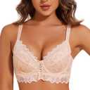 Plus Size Sexy Lace Bra Sheer See Through Bralette Underwire Vintage Maiden Lingerie (34D, Beige)