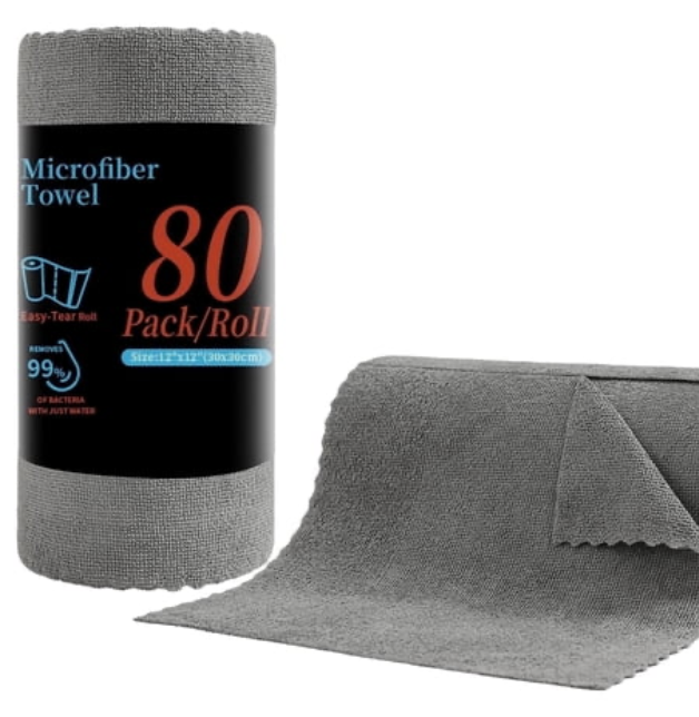 Beartech 80 Pack Microfiber Kitchen Towels Cleaning Cloth Roll,Lint Free Rags & Tear Away Reusable Towels,Washable Shop Rags,Ultra Absorbent Dish Rags for Car Kitchen Window Garage-Dark Gray