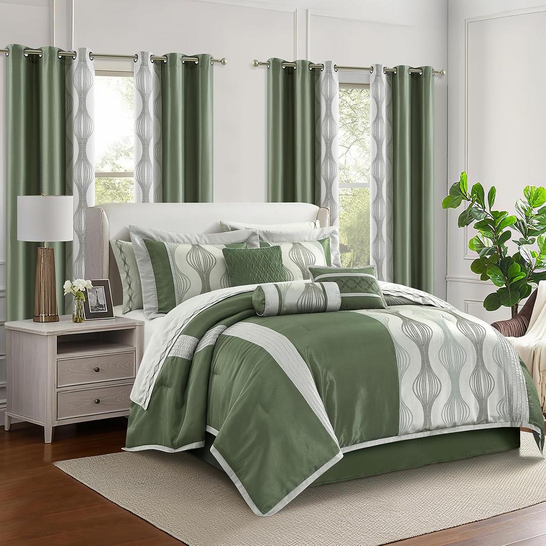 LANCO MODERN LIFESTYLE California King Comforter Set, Green, 15 Pieces Room in a Bag, Jacquard with Patchwork, Luxury Bed Set with Sheets, Curtains, Bed Skirt, Pillow Shams, Cases and Pillows