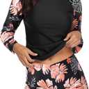 Daci Women Black Pink Flower Two Piece Rash Guard Long Sleeve Swimsuits UV UPF 50+ Swim Shirt Bathing Suit with Boyshort Bottom, XL