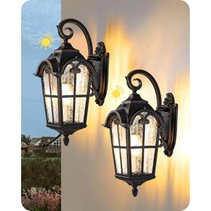 EDISHINE Dusk to Dawn Outdoor Wall Light, Roman Large Size Exterior Lantern Fixtures, E26 Base, Waterproof Porch Lights Wall Mount, Black Outside Wall Sconce, 2 Pack