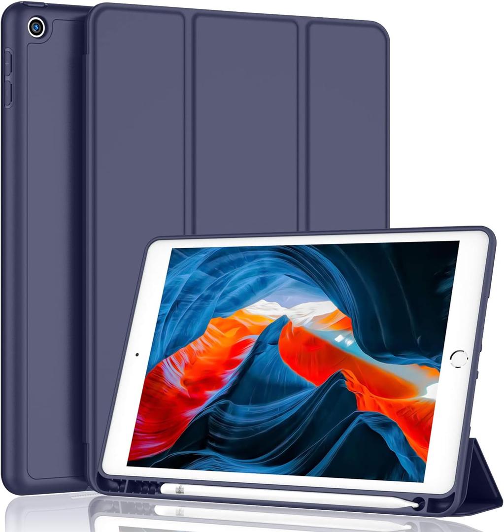 iPad 9th Generation Case 2021/iPad 8th Generation Case 2020 10.2 Inch with Pencil Holder, iPad 7th Gen 2019 Case with Soft Baby Skin Silicone Back, Auto Wake/Sleep Cover (Dark Blue) (Azul oscuro)