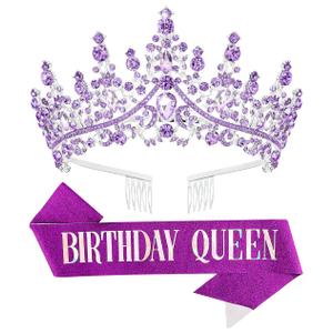 Birthday Tiara Crown with Sash for Women, Headband Hair Accessories for Wedding Party Costume (A-Purple)