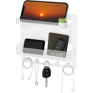 Bedside Wall Shelf Organizer with 5 Hooks & Cable Clips, Plastic Adhesive Wall Mount Storage Rack for Phone, Remote, Earphones, Kindle, Bedroom, Dorm, RV (Clear), 24 cm x 5.4 cm x 23 cm