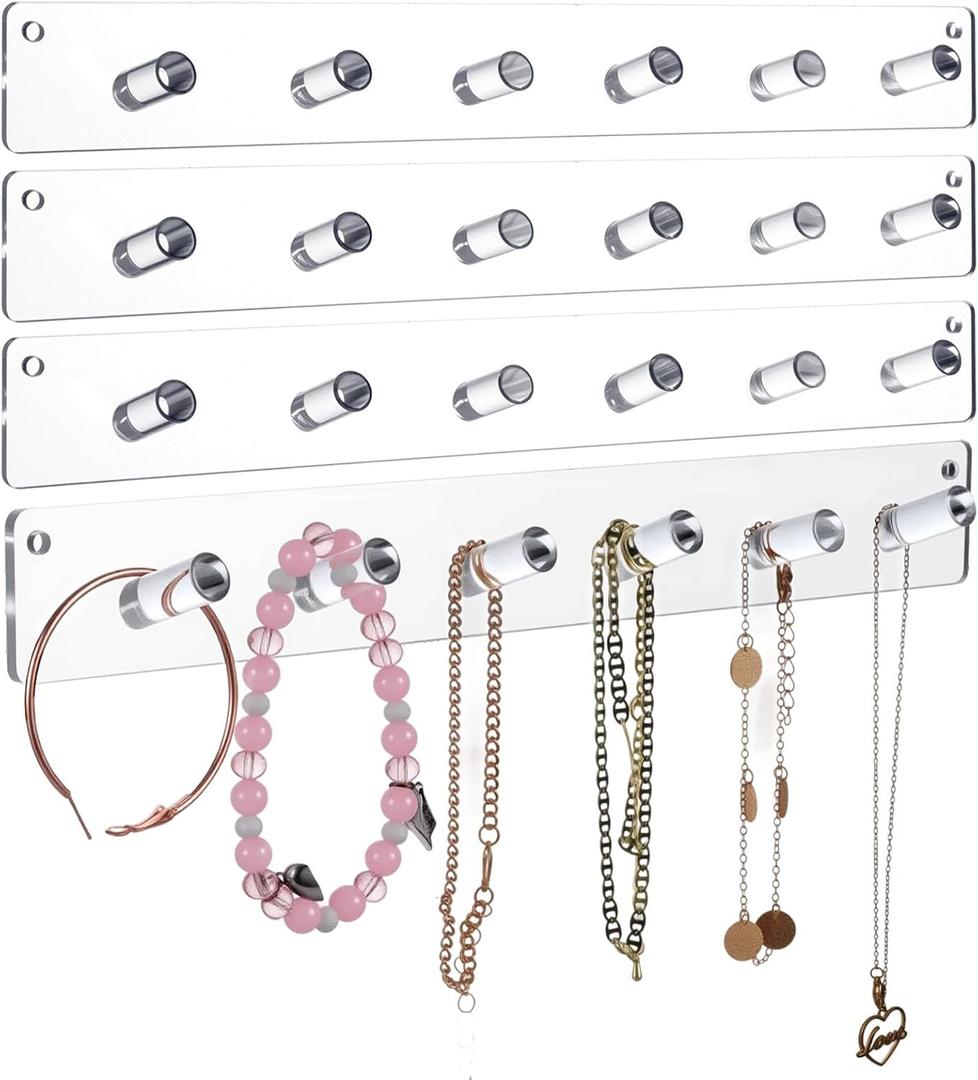 4 Pack Acrylic Necklace Holder  Wall Mounted Jewelry Organizer with 24 Hooks for Necklaces, Bracelets, Rings & Bangles, Clear Display Rack with Easy Installation (Screws & Tape Included)