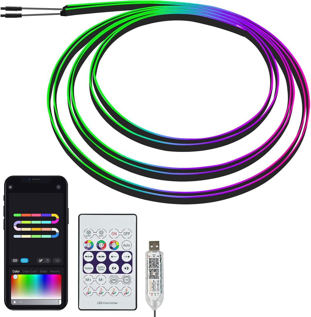 118" Acrylic Interior Car Lights, 0.08in Ultra-Thin Thickness Ambient Lighting Kits with Smart APP, RGB 2 in 1 USB Powered Car LED Strip Light Music Sync Neon Strip for Vehicle (2 * 59in)