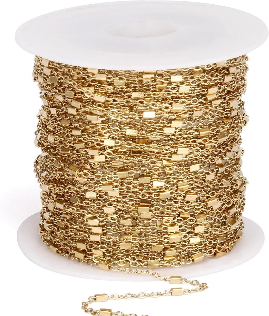 33FT Gold Cable Satellite Jewelry Chains Roll 1.5MM 18K Gold PVD Plated Stainless Steel Satellite Square Beaded Chain Spool Bulk for DIY Jewelry Making