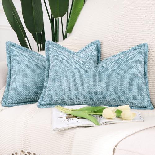 MADIZZ Decorative Chenille Velvet Throw Pillow Covers Set of 2 Soft Boho Textured Neutral Couch Throw Pillow for Bed Modern Farmhouse Home Decor for Sofa Livingroom Light Blue 12x20 Inch