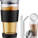 Double Wall Glass Tumbler with Straw and Leak-proof Lid, 17 oz Borosilicate Glass Coffee Travel Mug, Clear Reusable To Go Cup, BPA-free, Microwave Safe