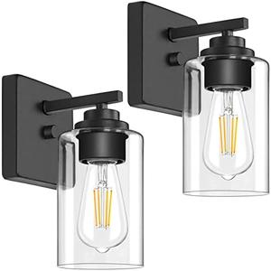 Set of 2 Wall Sconces for Bathroom, Modern Vanity Light Fixtures, Matte Black Wall Mount Lighting Lanterns, Farmhouse Wall Lights with Clear Glass Shade for Bedroom Living Room Mirror Hallway Kitchen Set of 2 Wall Sconces for Bathroom, Modern Vanity Light Fixtures, Matte Black Wall Mount Lighting Lanterns, Farmhouse Wall Lights with Clear Glass Shade for Bedroom Living Room Mirror Hallway Kitchen
