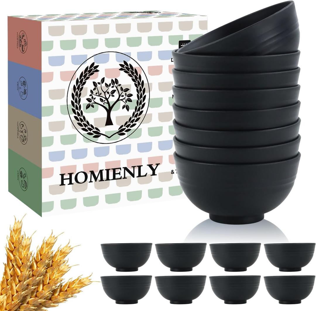 Homienly Wheat Straw Small Bowl Set of 8, Unbreakable Dessert Bowl - 10 OZ, Wheat Straw Mini Bowls for Kitchen, Kids, Microwave and Dishwasher Safe Bowls for Snack, Appetizer, Ice Cream (Black)