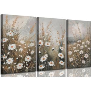 3 Pcs Vintage Wildflowers Field Canvas Wall art Farmhouse Rustic Wildflower Nature Landscape Painting Pictures Wall Decor Posters Print Artwork for Living Room Bathroom Home Decoration (16L''x12W'')