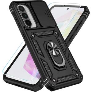 SunStory Case for Samsung Galaxy A36/A56 5G Case with HD Screen Protector & Slide Camera Cover & Rotated Ring Kickstand, [Heavy Duty Shockproof] Dual Layers Phone Case for Galaxy A36/A56, Black