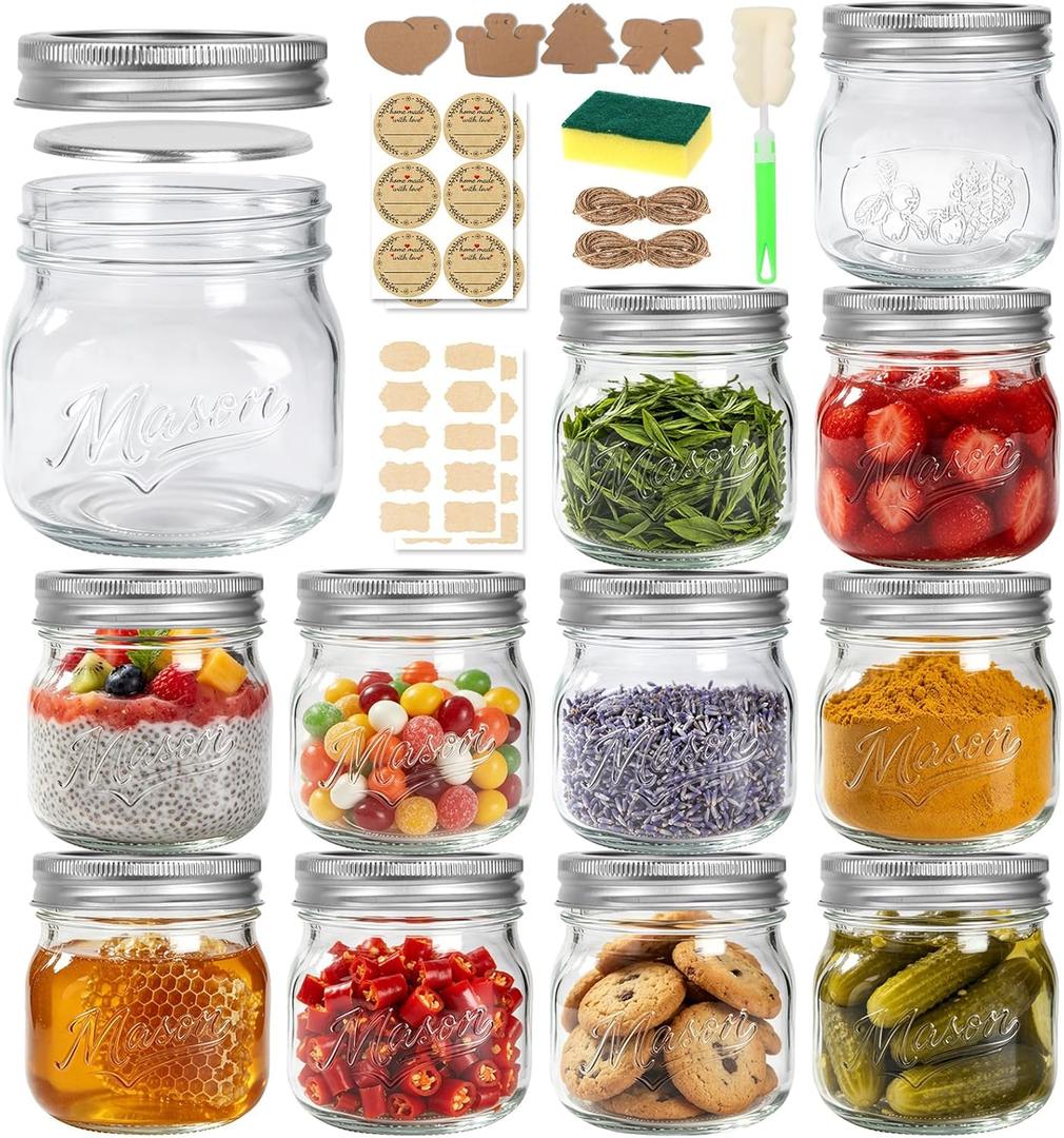 BIGIVACA 16 oz Wide Mouth Mason Jars, 12 Pack Canning Jars with Embossed Fruit Pattern, Glass Jars for Food Storage, Preserving, Pickling, Meal Prep, DIY Crafts and Home Decor