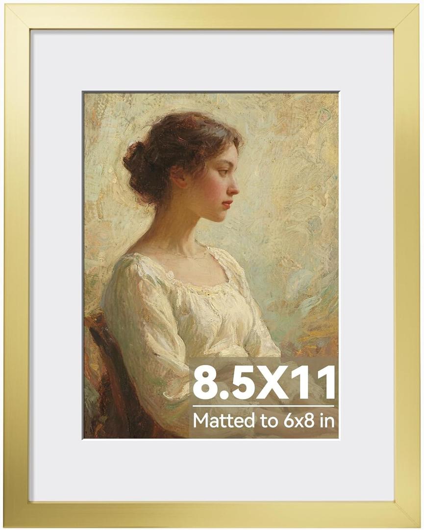 HappyHapi 8.5x11 Picture Frame Gold, Gold Picture Frames Display Photos 6x8 with Mat or 8.5x11 Without Mat, 1 Pack Plastic Frame for Wall & Tabletop for Home Decor