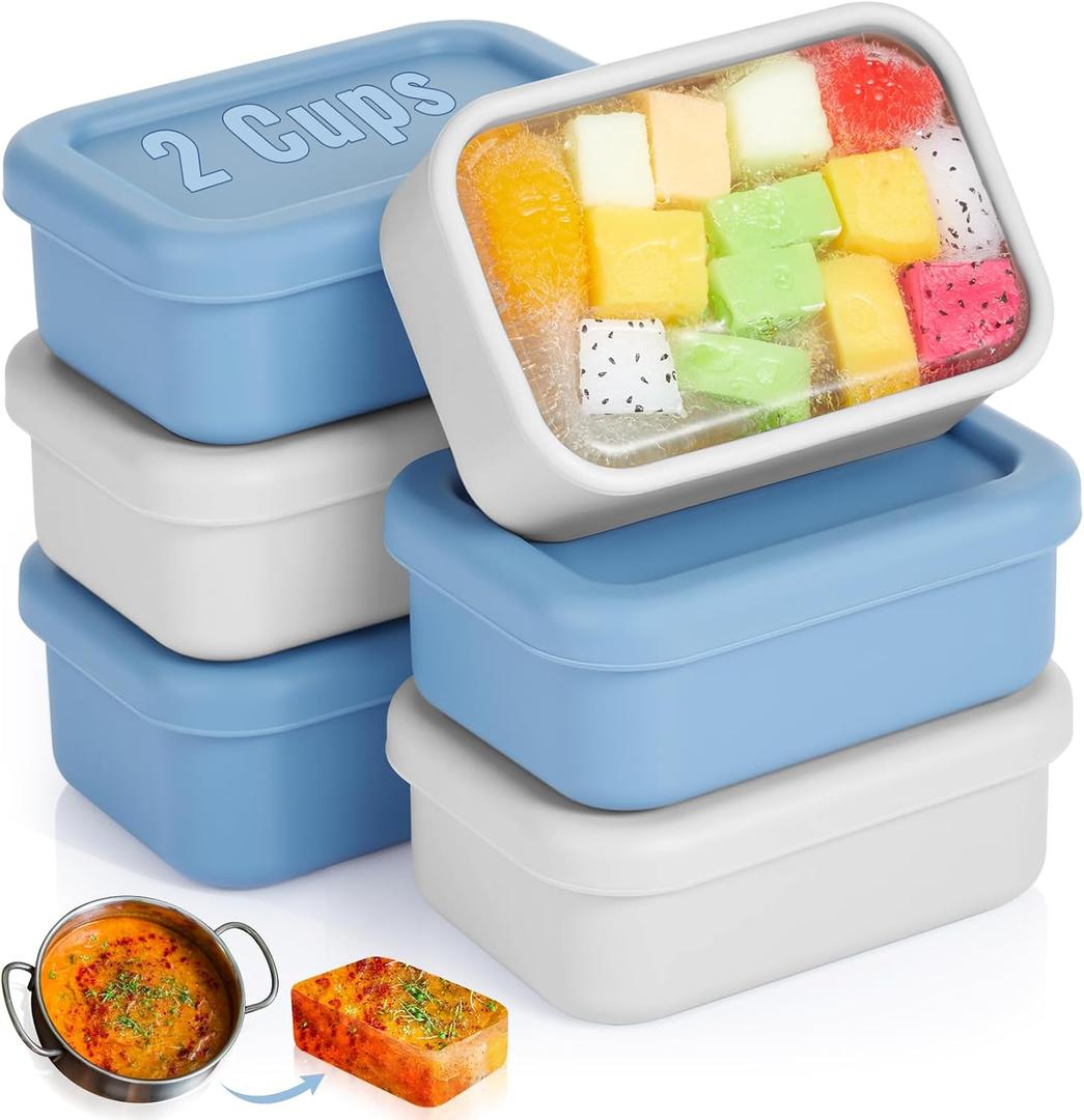 Teenyyou 6 Packs Silicone Soup Freezer Molds with Lid Silicone Soup Freezer Trays Rectangle Reusable Food Preserving Tray Freezing Sauces Stews (Dark Blue, High-grade Gray,2 Cup)