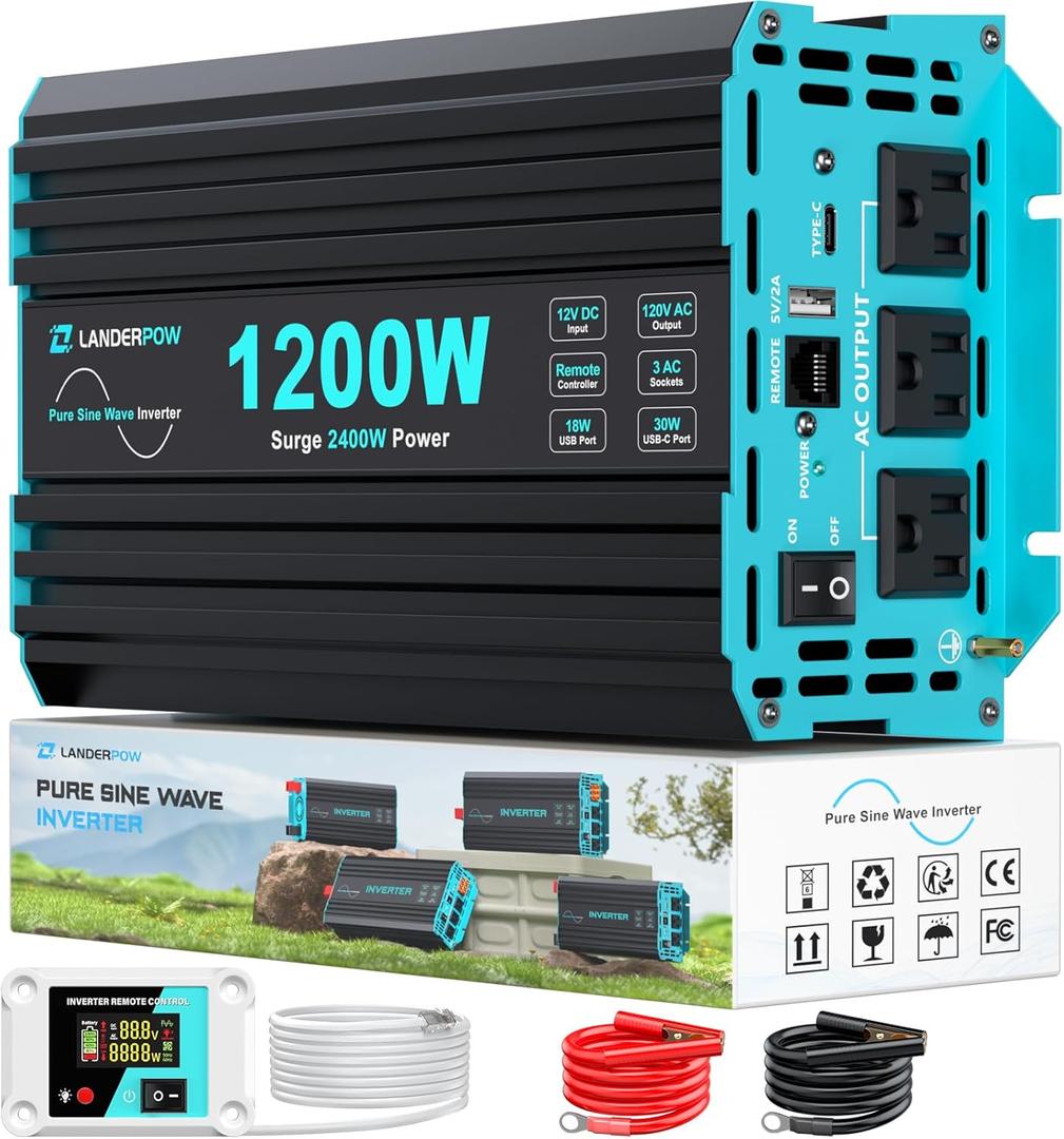 1200 Watt Pure Sine Wave Inverter, Power Inverter for Car, Camping, Solar, RV, Truck, Home, 12V DC to 120V AC Inverters with 3 AC Outlet, 30W USB-C, 5V 3.1A USB, Remote Control, Surge 2400W