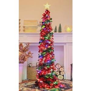 SINTENILL 5 FT Pop Up Christmas Tree with Timer Lights and Decorations, Red Green Tinsel Christmas Tree with 24 Ball Ornaments, Pencil Tree Collapsible Christmas Tree for Home, Apartment, Office