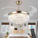 Panghuhu88 36" Invisible Ceiling Fan Chandelier Light,Modern Crystal Ceiling Fan Light Remote Control 4 Retractable ABS Blades for Bedroom Living Room Dining Room Decoration (Gold)