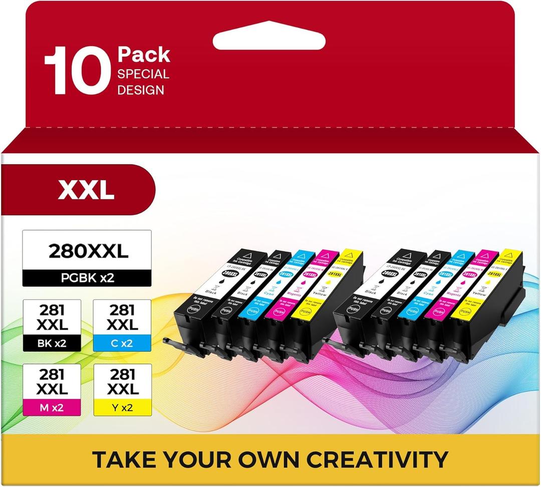 PGI-280XXL CLI-281XXL 10 Color Value Pack Compatible for Canon 280 281 Ink Cartridges to use with TR8520 TR8620 TR7520 TR8600 TS6120 TS6220 TS9120 (2PGBK, 2Black, 2Cyan, 2Magenta, 2Yellow)