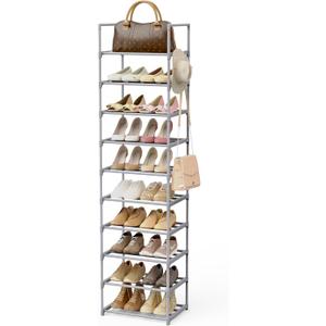 WEXCISE 10 Tiers Tall Shoe Rack Narrow 20-24 Pairs Shoe Rack for Closet Entryway Vertical Metal Shoe Rack Organizer Shoe and Boots Organizer Storage Sturdy Shoe Shelf Shoe Stand Gray (Grey)