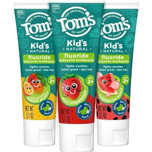 Tom's of Maine Anticavity Kids Natural Toothpaste Variety Pack, Strawberry, Orange Mango, Watermelon Flavors, Kids Toothpaste with Fluoride, Safe for Ages 2 and Up, 5.1 oz (Pack of 3)