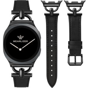 Wearlizer Leather Bands Compatible with Samsung Galaxy Watch 8 Band 40mm 44mm/Watch 8 Classic 46mm, Dressy Designer Slim Leather Strap Wristband Accessories with D-Shape Metal Buckle for Women (Black/Black)