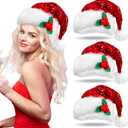 Liitrsh 3 Pcs Christmas Santa Hat for Adults, Unisex Sequin Santa Hats with Red Berry for New Year Xmas Festive Holiday Party(Rose Red)