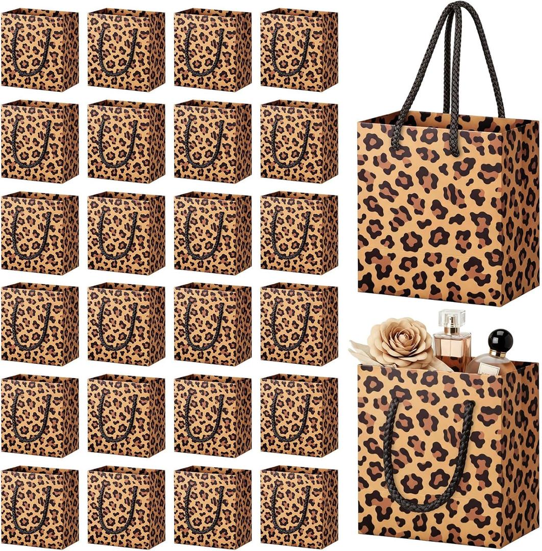 Fullhawl 24 Pcs Extra Small Cheetah Print Gift Bags with Handles Mini Leopard Print Bags Reusable Paper Goodies Bag Gift Wrap for Baby Shower Jungle Safari Animal Birthday Party Favor Decorations