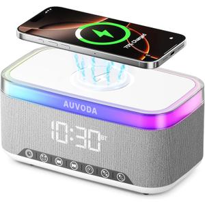 S300 10W Stereo Portable Bluetooth Speaker with 15W Fast Wireless Charging, 13-Color Dimmable Night Light, White Noise, Alarm, FM Radio, BT5.3, TWS, for Home, Office, Bedroom (White)
