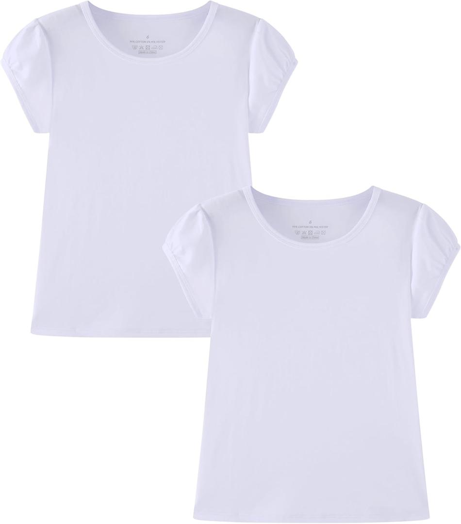 Huata Girls Short Puff Sleeve Tee Basic T-Shirt 2 Packs Crewneck(White, 3T)